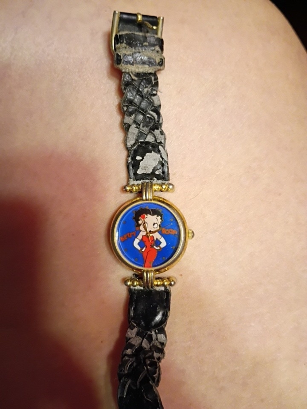 Betty Boop Blue Dial Gold-Tone Watch with Black Braided Strap